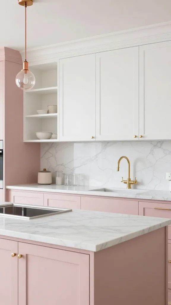 A high-quality, realistic photo of a sophisticated and dreamy kitchen. Muted blush pink lower cabinets create a delicate charm. Pristine white marble dominates the expansive countertops and a seamless, full-height backsplash. Upper cabinets are a clean white, strategically interspersed with elegant open shelving to maintain an airy feel. Subtle gold hardware adorns the cabinetry, complemented by a delicate copper pendant light or faucet, adding a touch of luxurious sparkle. The kitchen is bathed in soft, natural light, creating a feminine yet refined atmosphere. No text.