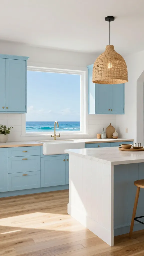 A high-quality, realistic interior photograph of a bright, airy coastal-inspired kitchen. The main subject is pastel powder blue shaker-style cabinetry that evokes clear summer skies and gentle ocean waves. The kitchen features light oak hardwood flooring and a prominent woven rattan pendant light hanging above a central island. A simple white farmhouse sink is integrated into a light-toned countertop. Subtle white shiplap accents adorn the kitchen island, contributing to a tranquil and endlessly relaxing seaside retreat ambiance. Abundant natural light fills the space, creating a light and happy atmosphere. No text.