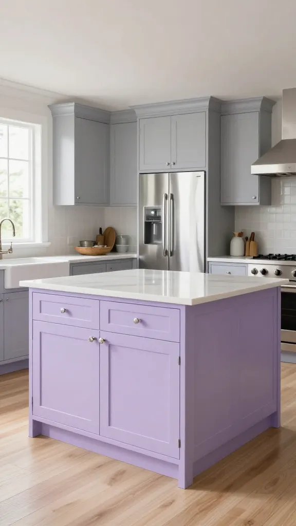 A high-quality, realistic professional photograph of a serene and sophisticated kitchen. The focal point is a large, stunning kitchen island in a muted, soft lavender finish, adorned with sleek chrome hardware. Surrounding perimeter cabinets are painted in a gentle dove grey, creating a beautiful contrast. Modern stainless steel appliances are seamlessly integrated into the cabinetry, and all cabinets feature elegant chrome pulls. A light, natural wood floor extends throughout the space, adding warmth and brightness. The room is bathed in abundant natural light, enhancing the dreamy pastel palette and contributing to a light, happy, and contemporary atmosphere. The design is chic, unique, and features clean lines. No text on image.