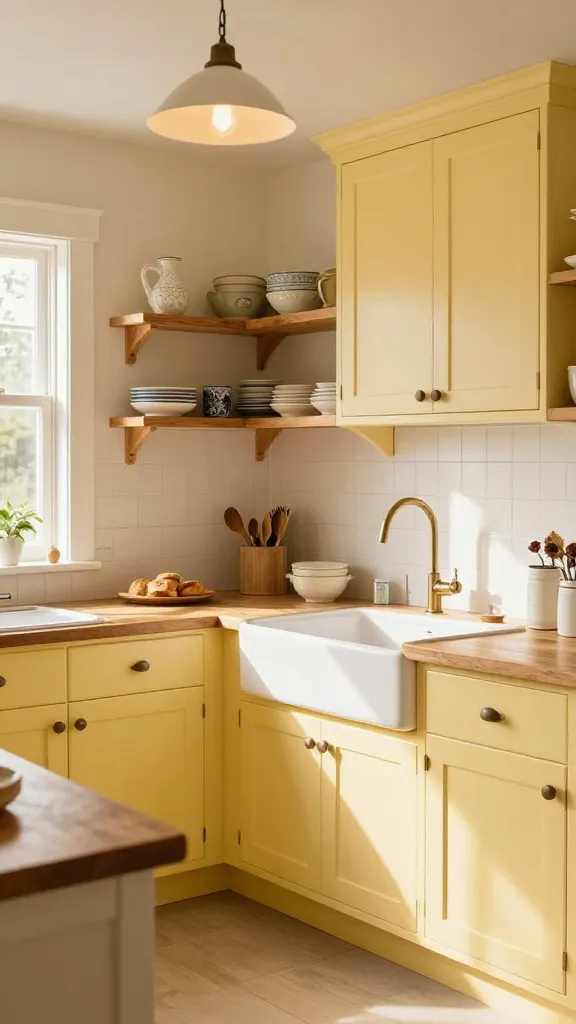 A high-quality, realistic photograph of a cozy and inviting farmhouse kitchen, bathed in soft, warm morning light. The space features pale butter yellow shaker cabinets that line the walls, exuding a cheerful and happy atmosphere. Rustic butcher block countertops provide a natural, earthy contrast, showcasing a prominent classic white apron-front sink. Above the sink area, open wooden shelving displays a curated collection of charming, homespun ceramic dishes. Vintage-style pendant lighting fixtures hang gracefully, casting a warm glow and enhancing the nostalgic ambiance. The overall aesthetic is light, happy, and feels like a sunny morning with freshly baked goods. No text.