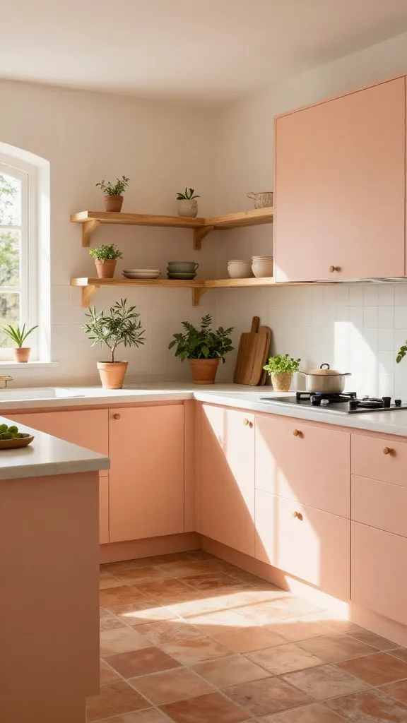 A sun-drenched, dreamy pastel kitchen showcasing a warm, Mediterranean-inspired aesthetic. The space features custom soft peach-toned cabinetry, complemented by rustic terracotta floor tiles that create an earthy, organic foundation. Neutral cream countertops provide a clean contrast, allowing the warmer hues to truly shine. Natural wood open shelving is integrated above the countertops, displaying a few subtle decorative items. Scattered throughout the kitchen are a couple of small potted olive trees and fresh herbs, enhancing the natural, inviting atmosphere. The overall design feels light, happy, and wonderfully unique, evoking the charm of an Italian villa. High-quality, realistic photograph, natural daylight streaming in, no text.