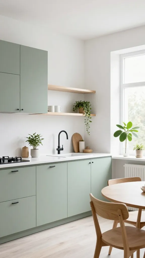 A bright and airy interior photograph of a minimalist Scandinavian kitchen. Flat-panel muted sage green base and upper cabinets feature simple black bar pull hardware. Pristine white walls and a white quartz countertop create a crisp, clean backdrop. Light birch wood accents are integrated through open shelving above the sink area and a small, round dining table with matching chairs. Abundant natural light floods the space from a large window. A few strategically placed green plants in simple pots, such as a small trailing plant on a shelf and a larger floor plant, add a touch of life. The overall aesthetic is serene, warm, and effortlessly chic, emphasizing clean lines and natural materials. High-resolution, realistic photo, no text.