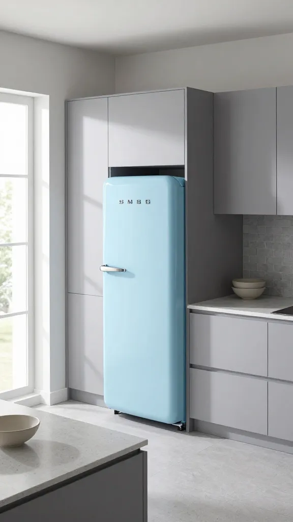 A high-angle, eye-level shot of a modern, airy kitchen. The design features elegant, flat-panel light grey base and wall cabinets paired with sleek light grey quartz countertops. A prominent, retro-style Smeg refrigerator in a soft baby blue pastel hue stands as a playful focal point, integrated seamlessly into the cabinetry. Natural light streams in from a large window, illuminating the space. A few minimalist, light-colored ceramic bowls are subtly placed on the countertop. The overall aesthetic is sophisticated, clean, and inviting, with a delightful pop of pastel color against a serene grey backdrop. High resolution, professional photography, no text.