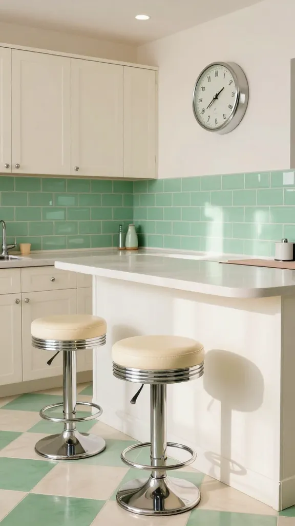 A high-quality, realistic photograph capturing a charming, retro-inspired pastel kitchen. The kitchen features creamy white, smooth-front cabinets with sleek chrome hardware, perfectly complemented by a glossy pistachio green subway tile backsplash that extends along the main wall. A subtle checkerboard floor, alternating between cream and pistachio green tiles, adds to the nostalgic diner aesthetic. Two vintage-style bar stools with shiny chrome bases and cream vinyl seats are pulled up to a clean, light-colored countertop. A classic circular diner clock with a chrome bezel hangs prominently on an adjacent wall. Chrome details are visible on the faucet and cabinet pulls, catching the soft, natural light streaming into the bright and happy space. The focus is on the inviting ambiance and the interplay of the pastel colors and retro elements. No text.