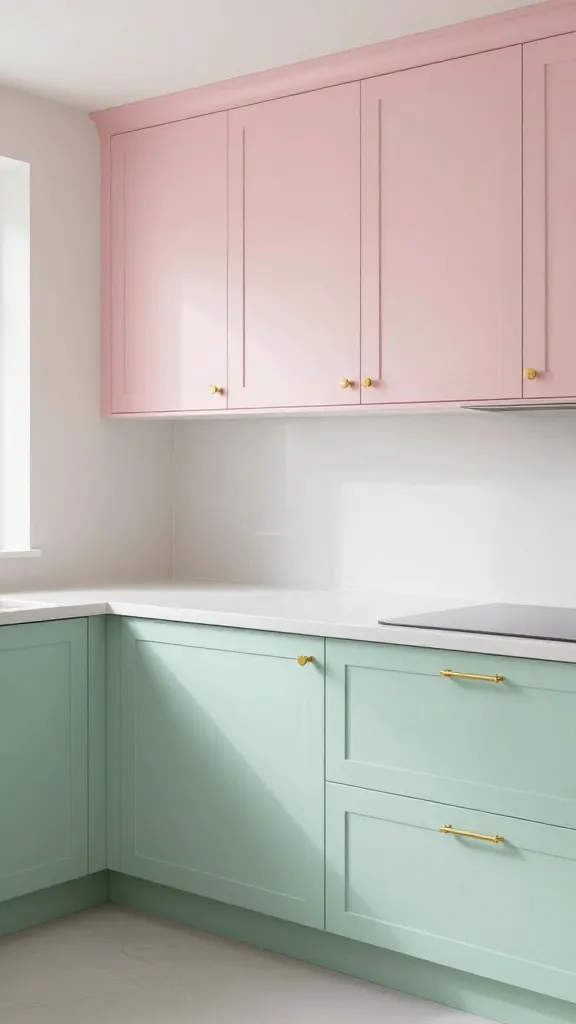 An interior architectural photograph of a modern, dreamy kitchen, showcasing a stunning two-tone design. The lower kitchen cabinets are a soft, grounding pastel mint green, perfectly contrasted by delicate blush pink upper cabinets. A pristine, neutral white quartz countertop connects the two pastel hues, acting as a seamless bridge. All cabinetry is adorned with elegant gold hardware, adding a touch of sophisticated warmth and tying the design together beautifully. The kitchen is bathed in abundant natural light, creating a bright, happy, and airy atmosphere. High-resolution, realistic, no text.