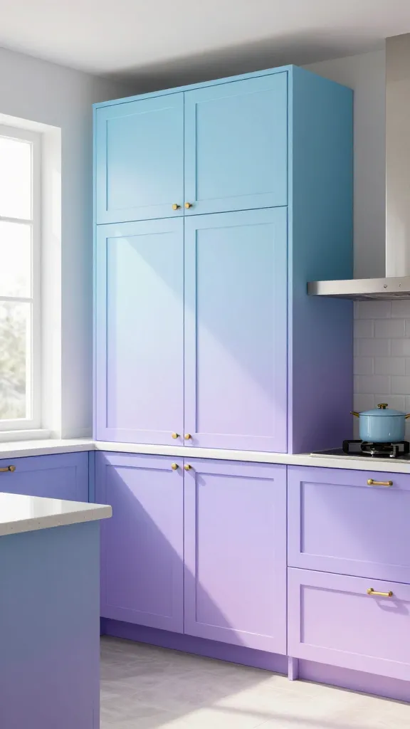 A high-quality, realistic photograph of a dreamy, light, and happy pastel kitchen. The focal point is a set of custom kitchen cabinets featuring a stunning ombre effect, transitioning from a pale sky blue at the top, gradually deepening to a soft periwinkle at the bottom. The cabinets are sleek and modern, illuminated by abundant natural light streaming in from a large window. The kitchen features clean lines, light-colored quartz countertops, and minimalist brushed brass hardware, creating an artistic and serene atmosphere. Shot with a professional camera, sharp focus, vibrant pastel colors, no text.