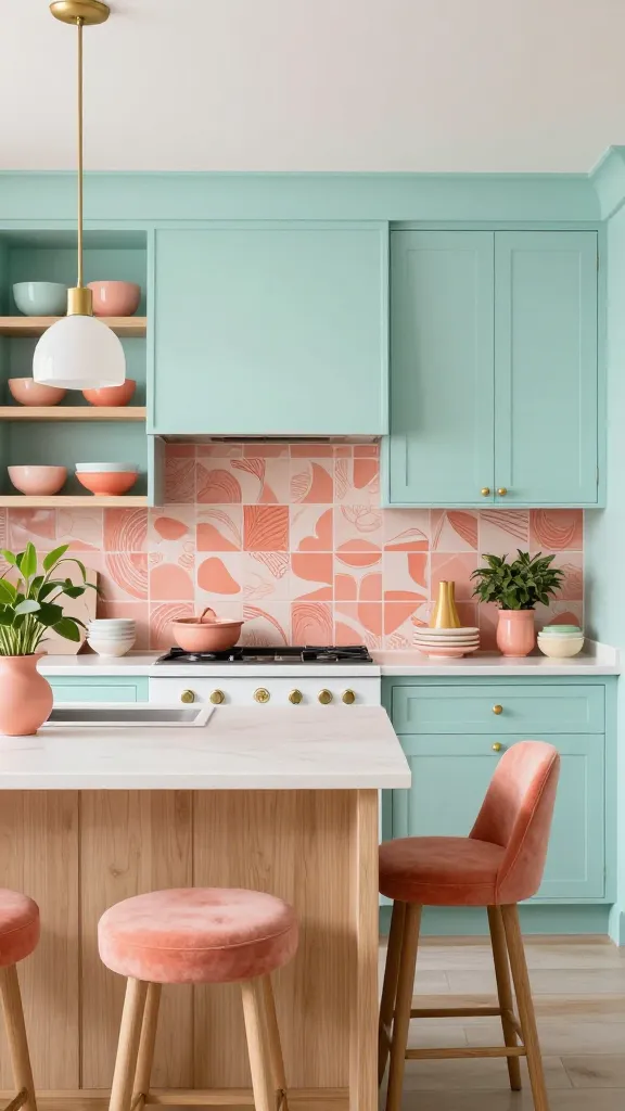 A wide, realistic, high-quality photograph of a dreamy pastel eclectic kitchen, bathed in soft natural light. The main cabinetry, both upper and lower, is painted in a soft, muted aqua. A cheerful coral patterned tile backsplash with an artistic, slightly abstract design covers the wall behind a sleek white range. A light natural wood kitchen island features a white countertop and is accompanied by two modern bar stools upholstered in a soft coral fabric. On open shelving made of the same natural wood, a curated collection of decorative ceramic bowls in various shades of coral and complementary pastels is artfully arranged. Subtle brass hardware adorns the aqua cabinets, and a minimalist brass pendant light hangs above the island. A potted green plant adds a touch of life to the counter. The overall atmosphere is light, happy, artistic, and full of personality, embodying a joyful self-expression.