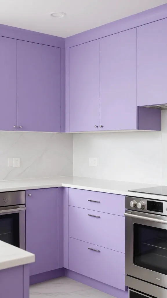 A modern kitchen featuring sleek, flat-panel lilac base and wall cabinets paired with crisp white quartz countertops and a seamless matching backsplash. Stainless steel appliances are seamlessly integrated, and simple, polished chrome pulls adorn the cabinet doors and drawers. The space is bathed in soft, diffused natural light, creating a fresh, clean, and sophisticated ambiance with a delightful, unexpected pastel pop. Wide, eye-level shot. Photorealistic, high-resolution interior design photography.