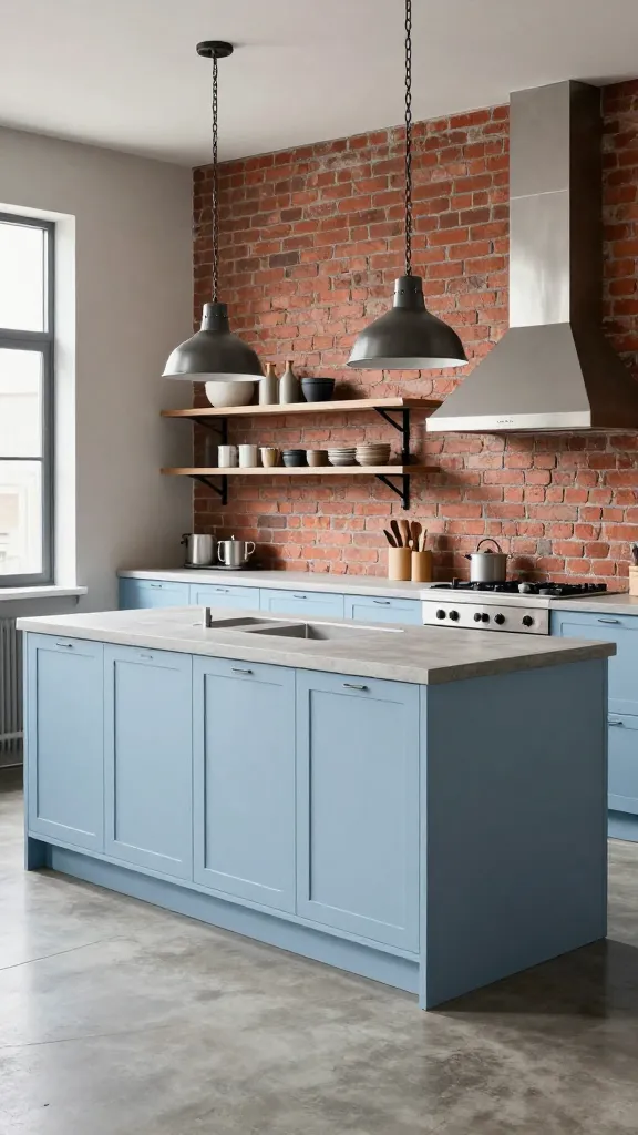 A high-quality, realistic photograph of a modern industrial chic kitchen. The focal point is a run of sleek, pale blue shaker-style lower cabinets topped with a smooth, light gray concrete countertop. One wall features a striking exposed red brick texture, providing a warm, raw contrast. Above the counter, a set of minimalist open shelves with matte black pipe supports display a few curated, functional kitchen items. Two industrial-style pendant lights with dark metal shades hang gracefully over a central kitchen island. The flooring is polished concrete. Stainless steel appliances are seamlessly integrated into the design. The scene is bathed in bright, natural light from a large window, emphasizing the textures and the harmonious blend of pale blue and industrial elements. No text on image.