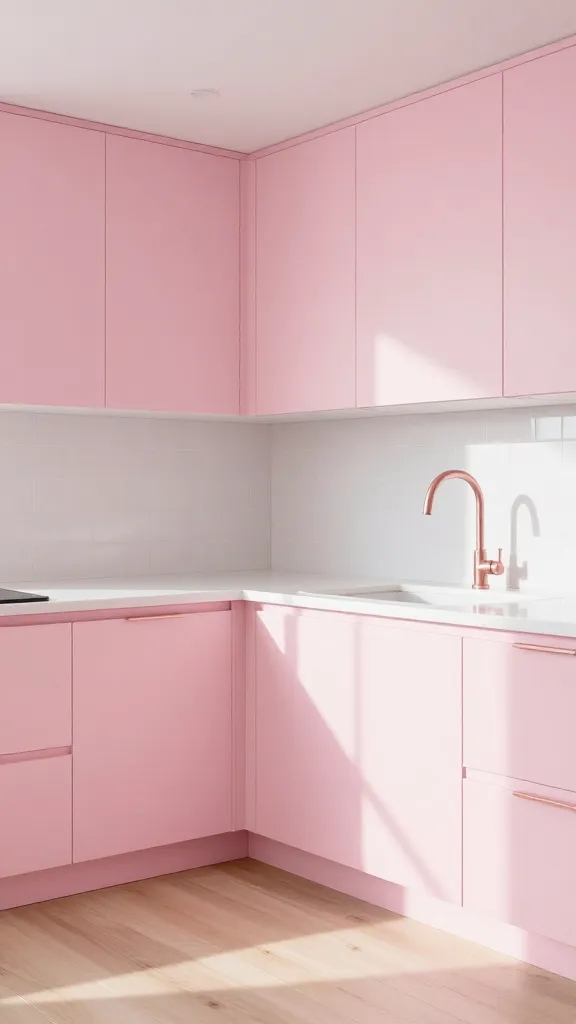 A high-quality, realistic photograph of a modern kitchen bathed entirely in a very pale, creamy strawberry milkshake pink hue. This soft, all-over pink covers all sleek, minimalist cabinetry, the smooth walls, and the subtle tiled backsplash, creating a whimsical and wonderfully happy atmosphere. Bright white quartz countertops provide a crisp, clean balance. The floor features light, natural wood planks, adding warmth. Subtle rose gold hardware, including cabinet pulls and a elegant faucet, adds a touch of refined sweetness. Abundant natural light streams into the room, enhancing the light and airy feel.