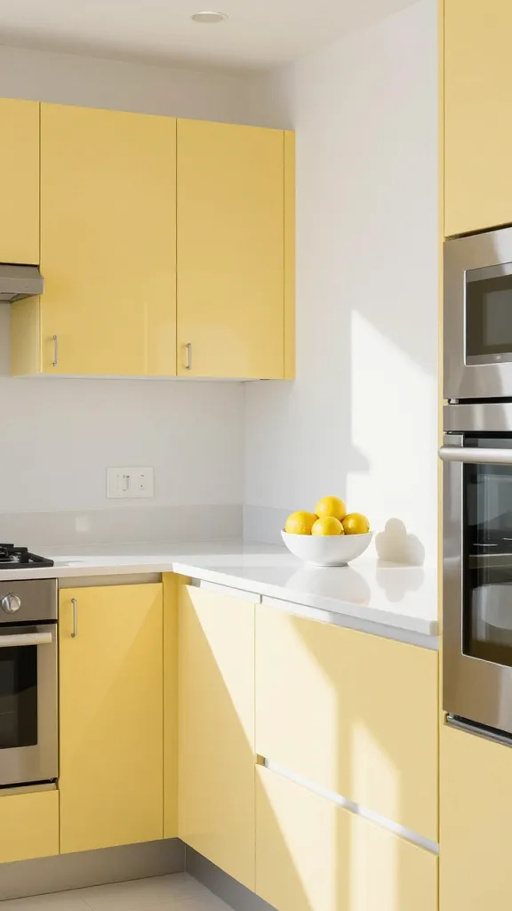 A high-quality, realistic photograph of a modern kitchen bathed in abundant natural light. The dominant feature is sleek, pale lemon sorbet yellow cabinets with a subtle glossy finish, reflecting the light and creating an uplifting atmosphere. These are perfectly complemented by crisp white quartz countertops and pristine white walls, amplifying the brightness. Chrome and stainless steel appliances, including a refrigerator and oven, are seamlessly integrated, along with minimalist chrome hardware on the cabinets, maintaining a clean and contemporary aesthetic. On the countertop, a simple, elegant white ceramic bowl holds a few vibrant fresh lemons, adding a pop of natural color and reinforcing the zesty theme. The overall impression is one of invigorating freshness, lightness, and happiness. Eye-level shot.