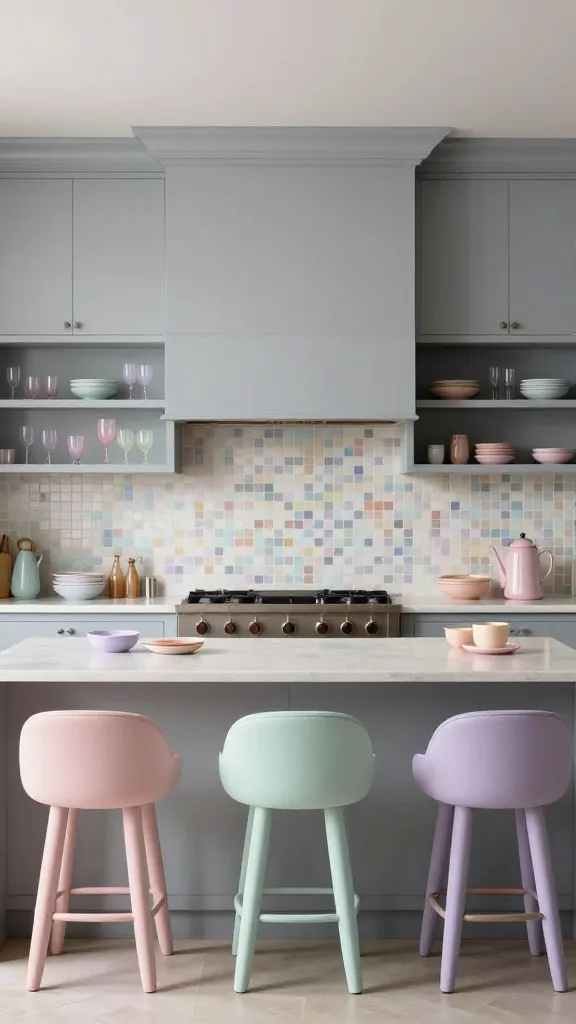 A sophisticated, modern kitchen with a serene atmosphere, bathed in soft, natural light. The main cabinetry features a matte cloud grey finish, complemented by sleek, matching cloud grey countertops. A central kitchen island is adorned with three elegant, backless stools, each upholstered in a different soft rainbow pastel shade: a delicate blush pink, a pale mint green, and a soft lavender. Behind a high-end range, a subtle yet vibrant mosaic tile backsplash catches the light, composed of small, irregular tiles in a scattered array of muted rainbow pastels. Above, open floating shelves display a curated collection of exquisite pastel-hued glassware and ceramic dishes, adding delicate pops of color. The overall impression is one of subtle playfulness against a sophisticated, calm backdrop. High-quality, realistic interior photography, no text.