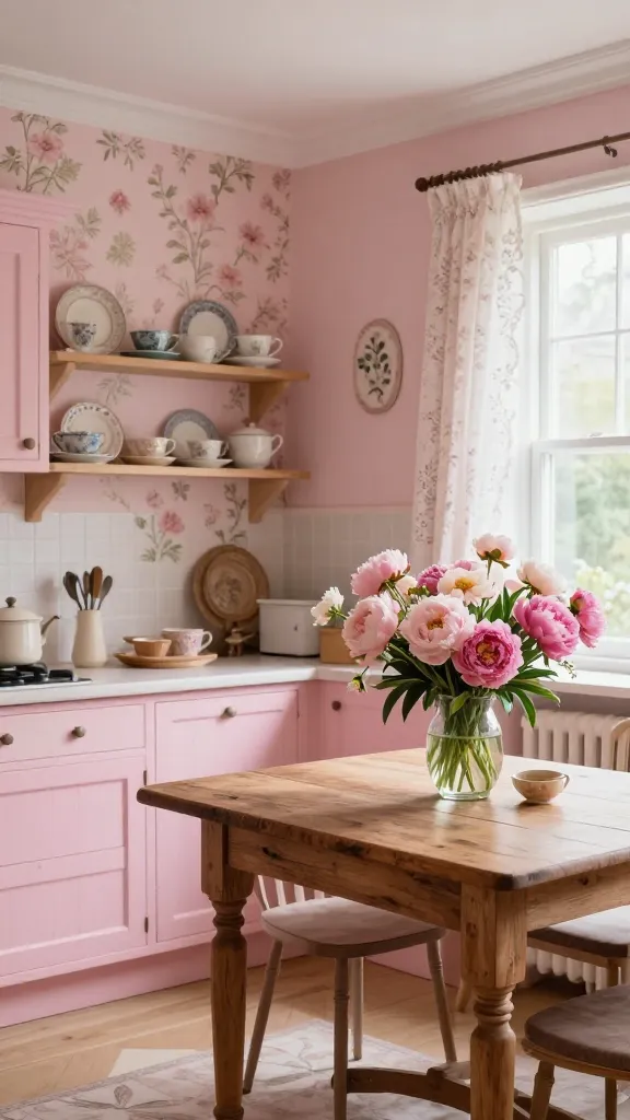 A high-quality, realistic photograph capturing a dreamy peony pink cottage core kitchen. The room is bathed in soft, natural light, showcasing custom cabinetry painted in a delicate peony pink with intricate, vintage-inspired detailing. An accent wall features a charming floral wallpaper in a complementary pastel palette, adding to the whimsical atmosphere. Open wooden shelving displays an artful arrangement of charming antique dishes and teacups. A rustic, distressed wooden dining table is positioned centrally, complemented by delicate lace curtains adorning a nearby window. A vase overflowing with fresh, vibrant flowers, such as peonies or wildflowers, sits on the table, completing the idyllic scene. The overall aesthetic is heartwarming, enchanting, and reminiscent of a storybook, with a focus on vintage sweetness and floral whimsy. Professional interior photography, no text.