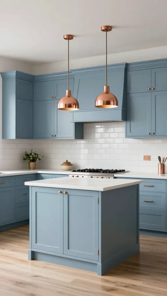 A high-quality, realistic photograph of a sophisticated and modern kitchen interior, bathed in soft, inviting light. The dominant feature is elegant misty blue shaker-style cabinetry, adorned with sleek, polished copper hardware that gleams subtly. Above a central kitchen island or peninsula, two stylish copper pendant lights hang, providing a warm, luxurious accent. The backsplash consists of classic white subway tiles with striking dark grout, adding a touch of contrast and modernity. A light wood floor extends across the space, contributing to a warm and welcoming atmosphere. The overall design exudes understated glam, refined elegance, and a light, happy feel. No text.