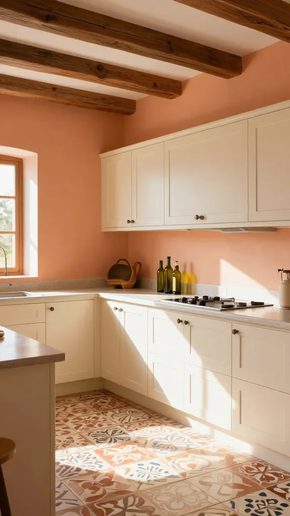 A sun-drenched, warm, and inviting Mediterranean kitchen, designed in a rustic yet refined style. The walls are painted a soft apricot hue, beautifully complemented by creamy white cabinetry. The floor features intricate patterned ceramic tiles in a palette of terracotta, cream, and subtle blues. Exposed natural wooden beams span the ceiling, adding to the authentic villa aesthetic. On a light-colored countertop, a few authentic ceramic olive oil bottles are artfully arranged. Bright, natural sunlight streams into the space, creating a luminous and happy atmosphere. High-quality, realistic photograph, professional interior photography, no text.