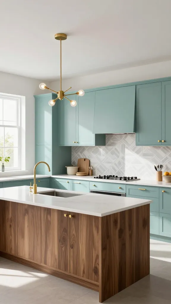 A high-angle, bright, realistic professional photograph of a sophisticated Mid-Century Modern kitchen. The space features sleek, flat-panel soft teal cabinets with elegant brass hardware. A prominent walnut wood kitchen island with a clean, minimalist design stands in the center, also featuring subtle brass accents. A geometric pattern backsplash in complementary soft white and light grey tones adds subtle visual interest behind the main cabinetry. Above the island hangs a signature Sputnik-style chandelier, casting a warm, inviting glow. Smooth white quartz countertops provide a clean, modern contrast. Natural light streams through large windows, illuminating the space and highlighting the fresh, stylish, and light "dreamy pastel" atmosphere.