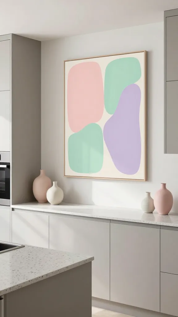 A high-angle, realistic photo of a modern kitchen designed with sophisticated greige flat-panel cabinetry and matching greige quartz countertops. The space is bathed in soft natural light, highlighting a large, striking pastel abstract art piece prominently displayed on a wall, featuring fluid shapes in blush pink, mint green, and pale lavender. A curated collection of matte pastel ceramic vases, in varying heights and soft hues, is elegantly arranged on a section of the countertop, catching the light. The overall atmosphere is light, happy, and gallery-like, with the greige providing an elegant, neutral base that allows the pastel artistry to truly pop. No text.