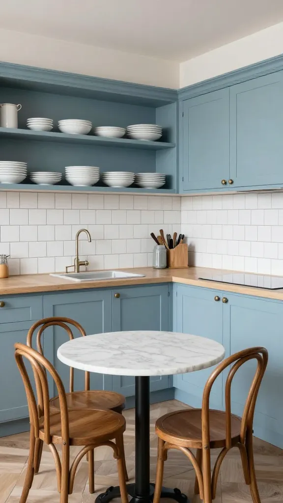A stunning, high-definition photograph capturing a charming French bistro-inspired kitchen. The cabinetry is a beautiful, muted chalky blue, extending along the walls. The backsplash is adorned with classic white subway tiles, expertly laid with dark, contrasting grout. In the foreground, a small, elegant round table with a pristine marble top is perfectly positioned, flanked by two iconic bentwood chairs. Above the counter, open shelving showcases a collection of crisp white dishes, adding to the authentic bistro feel. The space is bathed in soft, natural light, creating an effortlessly chic, inviting, and happy ambiance, perfect for a leisurely morning. Shot with a wide-angle lens to capture the full character of the room.