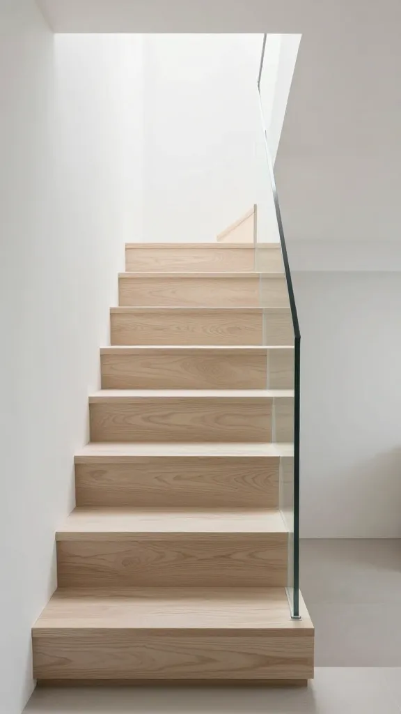 A high-resolution, professional architectural photograph of a minimalist floating staircase in a modern small space. Individual, thick treads of perfectly sanded and finished light white oak or ash wood are anchored directly into a crisp white wall. There are no risers or visible supports on the open side, creating an illusion of the treads almost disappearing. A slender, barely-there clear glass railing extends upwards, emphasizing transparency and openness. Soft, natural light illuminates the scene, highlighting the subtle wood grain and the clean, serene lines of the design. The perspective is slightly angled, capturing the staircase as a focal point within the uncluttered, sophisticated interior. No text.