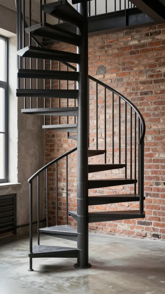 A high-quality, realistic architectural photograph of a compact, industrial chic metal spiral staircase in a modern urban loft. The staircase features dark, almost black powder-coated steel treads and a matching central pole, both with a subtle matte finish. The railing consists of thin, vertical steel balusters that seamlessly follow the spiral. The staircase is positioned against an exposed brick wall, and the floor below is polished concrete. Natural light streams in from a nearby window, highlighting the textures of the steel, brick, and concrete. No text on image.