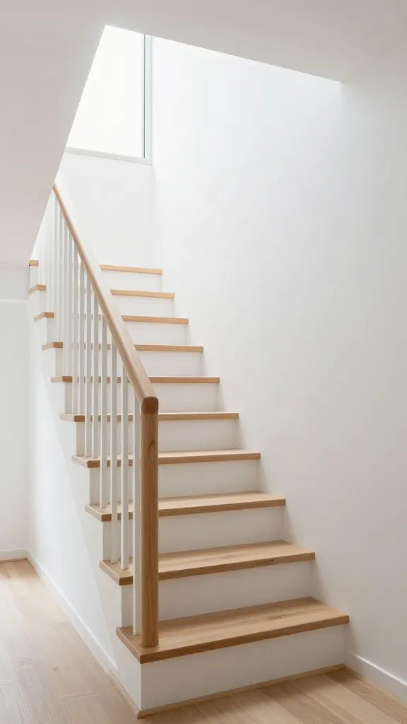 A high-quality, professional architectural photograph showcasing a beautifully designed small space staircase in a Scandinavian style. The staircase features light-toned natural birch wood treads paired with crisp white risers and slender, minimalist white balusters, creating an exceptionally bright and open aesthetic that makes the compact area feel expansive. A simple, smooth wooden handrail, matching the light wood tone, is mounted flush against a pristine white wall. Abundant natural light floods the scene from a large, unseen window, casting soft, diffused illumination that highlights the clean lines and warm, inviting textures of the wood. The surrounding interior space is painted in a clean, matte white, emphasizing the serene and functional beauty of the design. The overall atmosphere is one of minimalist elegance and airy simplicity. No text.
