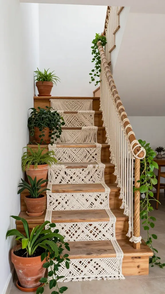 A high-resolution, realistic photo of a small, boho-chic staircase in a sun-drenched, minimalist interior. The staircase features rough-hewn timber treads with a subtly distressed finish, perfectly contrasted by risers adorned with intricate, off-white macrame panels showcasing diverse knot patterns. A custom-made macrame railing, incorporating thick braided rope elements, serves as the unique balustrade. Lush, trailing green plants spill from terracotta pots placed strategically on the steps and at the base, injecting vibrant natural life. The scene is bathed in soft, natural light, emphasizing the rich textures of the natural wood, woven macrame, and verdant foliage. The color palette is dominated by earthy tones, warm wood, and creamy whites, creating a relaxed, eclectic, and inviting atmosphere. No text.
