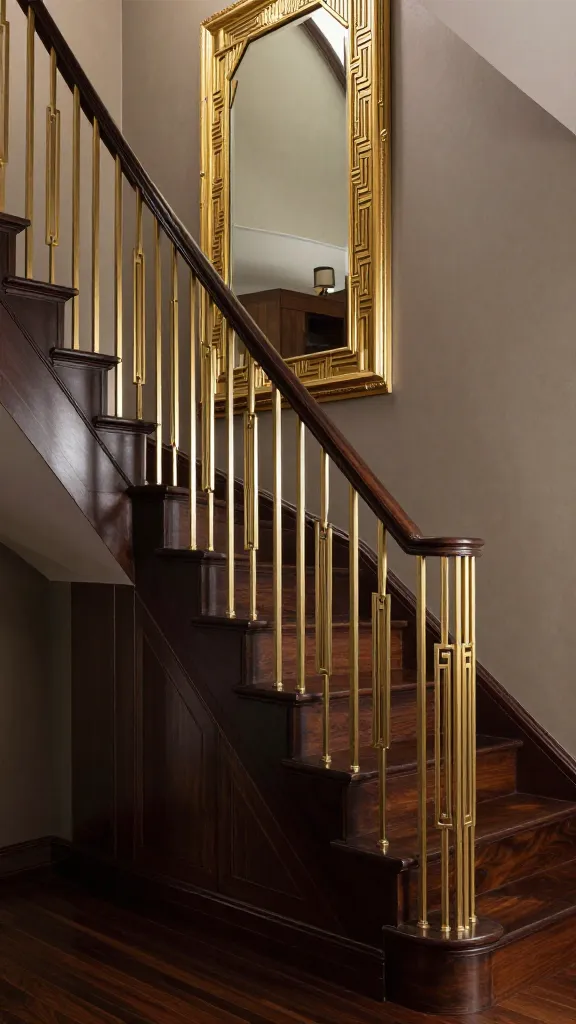 A realistic, high-resolution architectural photograph capturing a stunning Art Deco staircase designed for a small space. The staircase features deep, dark polished walnut treads, elegantly contrasting with slender, polished brass balusters that showcase distinct, symmetrical geometric patterns. A sleek, dark wood handrail crowns the balusters. At the mid-landing, a dramatic, oversized mirror with an ornate, gleaming gold frame is strategically placed, reflecting ambient light and creating an illusion of expanded space. The surrounding walls are a sophisticated, muted tone, allowing the rich materials and geometric details of the staircase to command attention. The overall aesthetic exudes opulent glamour and refined craftsmanship, characteristic of the Roaring Twenties, with a focus on geometric precision and luxurious finishes. Professional interior photography, soft diffused lighting.