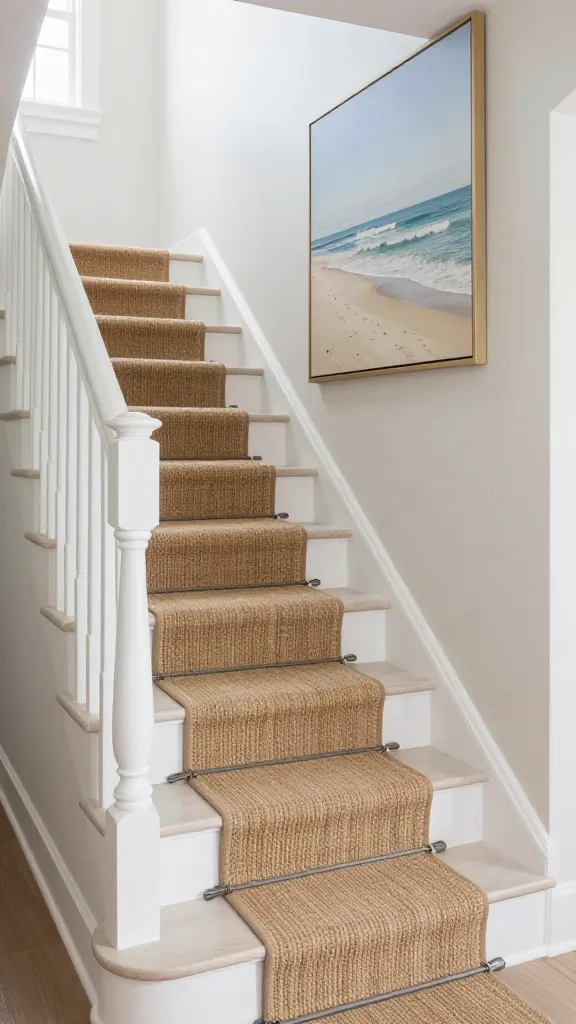 A high-quality, realistic photograph of a small, elegant staircase designed in a Coastal Hamptons style. The staircase features crisp white painted wood treads and risers with a subtle distressed finish. A classic white shaker-style balustrade runs alongside, maintaining a fresh and traditional look. A natural sisal runner, neatly bound, extends down the center of the stairs, adding texture. On the adjacent wall, a large, framed piece of serene coastal art, depicting a tranquil beach scene, is prominently displayed. The space is bathed in soft, diffused natural light, emphasizing a breezy, sophisticated, and relaxed atmosphere. The focus is on the detailed craftsmanship and the harmonious blend of light colors and natural textures.