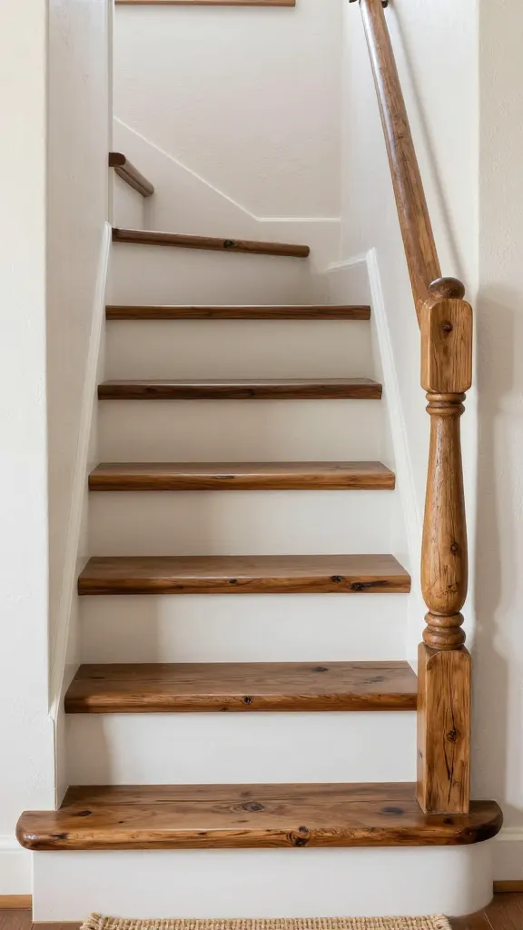 A high-quality, realistic photo capturing a compact, rustic farmhouse staircase designed for a small space. The staircase features chunky, reclaimed wood treads with rich, deep brown stain and prominent natural imperfections, beautifully contrasting with crisp white risers. Simple, robust balusters crafted from rough-hewn, light-toned wood posts support a matching, sturdy handrail. The overall atmosphere is warm, cozy, and inviting, with soft natural light illuminating the textures. At the base of the staircase, a small, subtle woven jute rug adds to the country charm. The background reveals a glimpse of a textured, off-white wall, keeping the focus entirely on the stylish staircase. No text.
