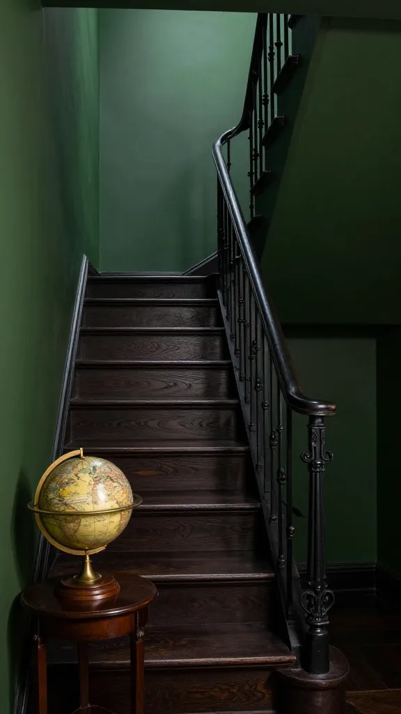 A high-quality, realistic photograph showcasing a compact, stylish staircase designed in a sophisticated Dark Academia aesthetic. The staircase features deep, rich ebony-stained wood treads and risers, exuding a sense of history and luxury. The balustrade is crafted from slender, matte black wrought iron with subtle, intricate decorative elements, adding a touch of antique elegance. The surrounding walls are painted a deep, saturated forest green, creating a moody and intellectual atmosphere. At the base of the stairs, a vintage brass and wood globe rests on a small, dark wooden side table, subtly illuminated by a soft, warm light that casts gentle shadows. The image captures the upward ascent, emphasizing the luxurious textures and the captivating, brooding elegance of the small space, with sharp focus on the architectural details.