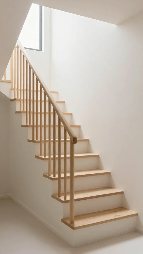 A realistic, high-quality professional architectural photograph of a small, stylish Japandi staircase. The design embodies serene simplicity, featuring pale, unvarnished natural light wood treads and clean, unadorned soft off-white risers. The incredibly simple railing consists of slender, vertical slats crafted from the same light wood, creating a subtle, rhythmic pattern against a soft off-white wall. Ample natural light floods the space from a nearby window, casting gentle shadows and highlighting the natural textures. The surrounding area is utterly devoid of clutter, showcasing a minimalist aesthetic with clean lines and warm, inviting tones. The overall atmosphere is calm, harmonious, and deeply tranquil.
