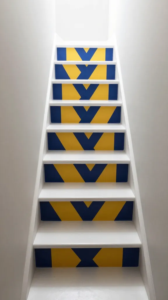 A high-angle, eye-level shot of a modern, small space staircase in a minimalist interior. The staircase features clean white treads. Each riser is painted with a dynamic, repeating geometric pattern of abstract triangles, chevrons, and irregular polygons in a vibrant navy blue and mustard yellow, creating a playful and artistic focal point. The walls surrounding the staircase are a soft, neutral off-white or light grey to allow the staircase to pop. Natural light streams in from an unseen window, highlighting the crisp lines and bold colors of the geometric design. The overall aesthetic is stylish, contemporary, and full of personality, turning a functional element into a captivating art piece. No text.