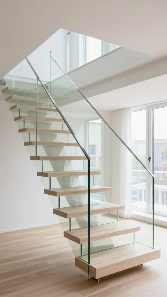 A high-quality, realistic photograph of a modern, small space staircase in a brightly lit, minimalist interior. The staircase risers are entirely clad in polished mirror panels, creating a stunning illusion of depth and reflecting the surrounding room and abundant natural light, making the area appear significantly larger. The floating treads are crafted from light, ethereal timber, appearing to hover effortlessly. A sleek, minimalist metal handrail runs alongside, maintaining a barely-there aesthetic. The image captures the expansive feel and clever use of mirrors to maximize perceived space. Interior design photography, sharp focus, natural daylight.