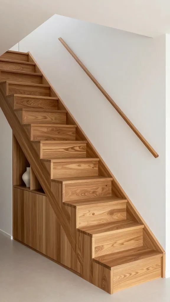 A high-resolution, eye-level photograph taken in a sunlit, modern small home interior. The focal point is a bespoke, space-saving staircase designed with a 'built-in storage genius' concept. The staircase features solid, block-like treads and risers crafted from richly grained, warm honey-toned oak wood. Each riser or side panel of the staircase seamlessly integrates various storage solutions: some are sleek, handle-less pull-out drawers, one reveals a recessed cubby displaying a single minimalist ceramic vase, and another section cleverly conceals a flush, push-to-open cabinet door. The design emphasizes clean lines and utility, with a minimalist, integrated handrail running flush along the adjacent white wall. The overall aesthetic is contemporary and functional, bathed in soft, natural light that highlights the intricate wood textures and the clever storage details. The surrounding space is uncluttered, emphasizing the smart design. Architectural photography, no text.