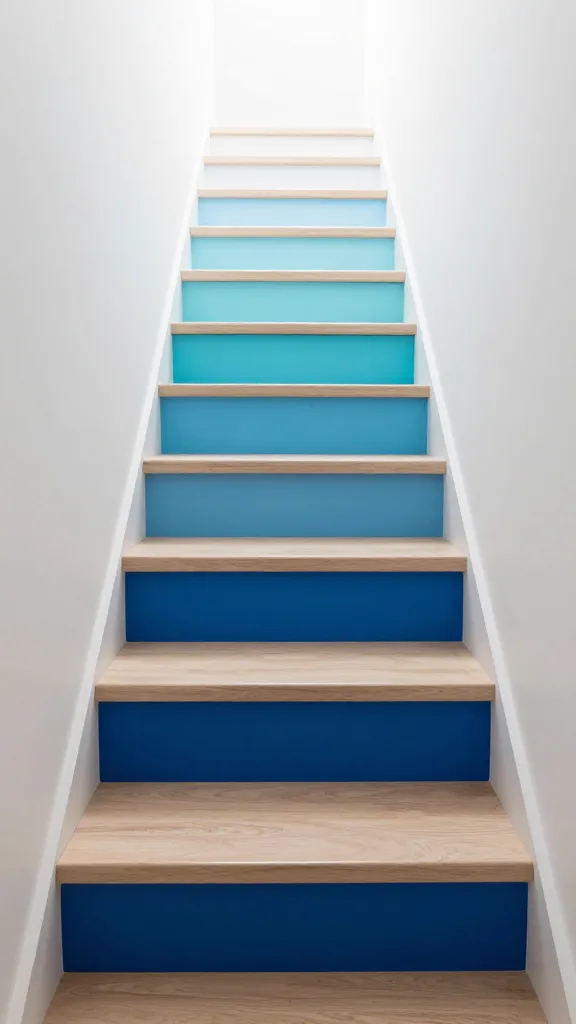 A high-quality, realistic photograph of a stylish, compact staircase in a modern, brightly lit small space. The risers of the staircase feature a striking ombre effect, transitioning seamlessly from a deep, rich ocean blue at the bottom steps, gradually lightening through various shades of aqua and sky blue, to a crisp white at the very top steps. The treads are made of polished, light neutral-toned wood, providing a warm contrast to the cool blue gradient. The staircase is designed to be a bold, artistic focal point in a minimalist interior. Shot from a slightly low, eye-level angle, emphasizing the upward color progression and the clean lines of the design. Natural light floods the scene. No text.