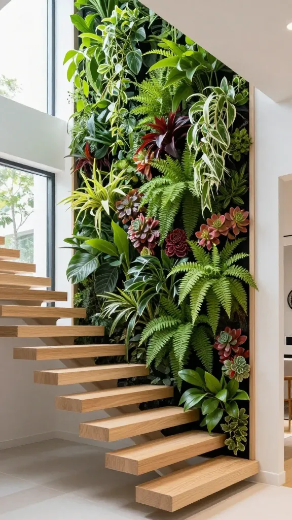 A high-resolution, professional architectural photograph capturing a breathtaking, innovative small space staircase within a bright, contemporary minimalist home. The staircase features elegant, floating blonde wood treads, seemingly suspended in air. In place of conventional risers or a solid wall, a meticulously designed, integrated vertical garden forms the entire structure, ascending alongside the treads. This living wall is a hydroponic system, bursting with a diverse array of greenery: long, trailing Pothos and variegated Philodendron gracefully cascade from various levels, while clusters of vibrant ferns and a tapestry of colorful succulents fill the spaces, creating a lush, organic backdrop. Soft, diffused natural light from a large window bathes the scene, highlighting the textures of the foliage and the clean lines of the wood. The perspective is slightly upward, emphasizing the height and the seamless integration of nature and modern design. The overall impression is one of serene elegance, a vibrant focal point that enhances the small space. No text.