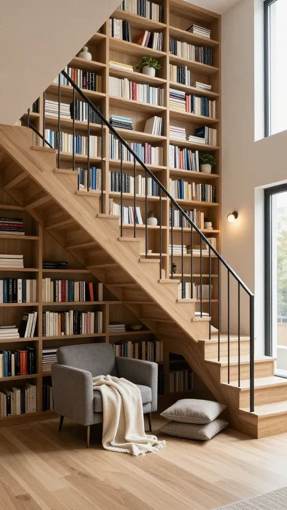 A wide shot from an eye-level perspective captures a surprisingly stylish and compact modern staircase, crafted from light-toned wood with sleek, minimalist metal railings. The wall running alongside the staircase is ingeniously transformed into a floor-to-ceiling array of shallow, built-in bookshelves, seamlessly integrated into the architectural design. These shelves are artfully filled with a curated collection of diverse books, some stacked, some upright, interspersed with a few elegant decorative objects like small potted plants or ceramic vases. At the very base of the staircase, tucked into a cozy corner defined by the stairs and the wall of books, sits a small, comfortable upholstered armchair in a muted grey, adorned with a soft cream throw blanket. A couple of plush floor cushions are arranged invitingly nearby. A warm glow from a discreet, wall-mounted sconce illuminates the reading nook, complemented by ample natural light filtering into the space from an unseen window. The overall ambiance is inviting, functional, and sophisticated, showcasing clever small-space utilization. Realistic, high-quality interior design photography.