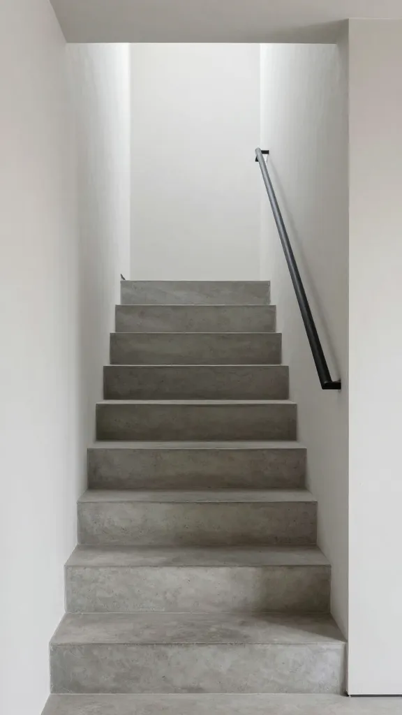 A realistic, high-definition photograph capturing a compact, industrial minimalist staircase in a modern home. The entire structure is composed of solid, monolithic concrete, showcasing polished treads and risers with subtle, inherent textural variations. A very thin, sleek matte black metal handrail is discreetly integrated along one side, providing a stark yet complementary contrast to the raw concrete. The staircase, designed for a small space, ascends elegantly, its simplicity and strength as the central design element. The surrounding interior features clean lines and a restrained palette, allowing the concrete's form and texture to dominate. Soft, diffused natural light illuminates the scene, emphasizing the material's beauty and the overall minimalist aesthetic. No text.