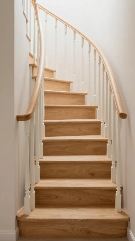 A realistic, high-quality professional interior photograph capturing a small, whimsical fairytale-inspired curved staircase in a compact, elegantly designed space. Smooth, light ash wood treads gently arc upwards, creating a soft, inviting flow. Delicate, white turned wood balusters follow the graceful curve of the staircase, supporting a continuous, slender light wood handrail. The design transforms the functional element into a sculptural, almost magical feature, emphasizing its elegant curve and compact footprint. Soft, diffused natural light bathes the scene, highlighting the textures and the inviting ascent. No text.