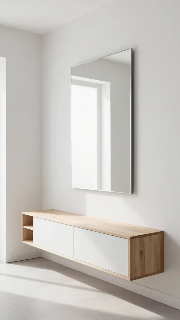 A high-quality, realistic photo of a Scandi minimalist entryway. The space is bathed in abundant natural light, creating a bright, airy, and serene atmosphere. A sleek, wall-mounted console table in light, natural wood or matte white lacquer is the focal point against a crisp white wall. Above it, a large, frameless rectangular mirror reflects the light, enhancing the sense of spaciousness. Integrated subtly below or beside the console are simple, hidden storage cubbies designed for shoes and keys, ensuring a completely clutter-free and organized look. The design features clean lines, a serene palette of whites, light wood tones, and soft grays, exuding an effortlessly welcoming and calming feel, reminiscent of functional, modern Scandinavian design. No text on image.