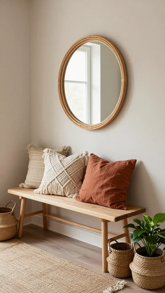A high-quality, realistic photograph of a cozy and inviting boho-chic entryway, showcasing an effortlessly organized Ikea aesthetic. The focal point is a minimalist, light-toned wooden Ikea-style bench, perfectly sized for an entryway. Above the bench hangs a large, round rattan mirror, reflecting soft, diffused natural light that illuminates the space. Two plush, textured throw pillows—one cream macrame and one muted terracotta linen—are artfully arranged on the bench, inviting a moment of rest. A soft, natural fiber rug in a warm neutral tone partially extends under the bench, adding warmth and texture to the floor. Beside the bench, several woven seagrass and rattan baskets are casually arranged, one holding a lush green houseplant in a simple ceramic pot, adding a vibrant touch of organic life. The walls are painted in a warm neutral shade, providing a serene backdrop. The overall aesthetic emphasizes layered textures, natural materials, and a free-spirited, effortlessly organized feel, captured with professional interior photography and no text.