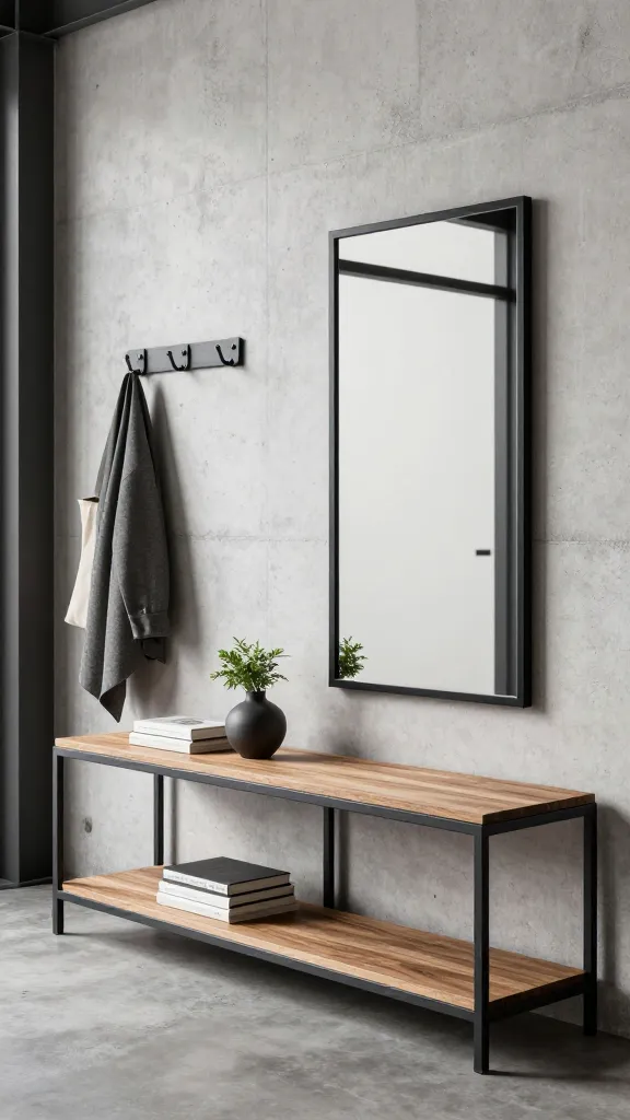 High-resolution, professional photo of an urban industrial entryway, showcasing a robust and modern aesthetic. A sturdy, dark matte metal shelving unit with thick, exposed wooden shelves stands against a light concrete textured wall, displaying minimalist decor like a small green plant, a stack of books, and a dark ceramic vase, alongside practical items. Industrial-style dark metal wall hooks hold a simple grey coat and a canvas tote bag. A large, simple black-framed mirror is mounted prominently on the adjacent wall, reflecting a clean, modern interior. The space is well-lit with natural light, emphasizing dark metals, exposed wood grains, and concrete textures. Streamlined and uncluttered, with an effortlessly organized feel. No text.