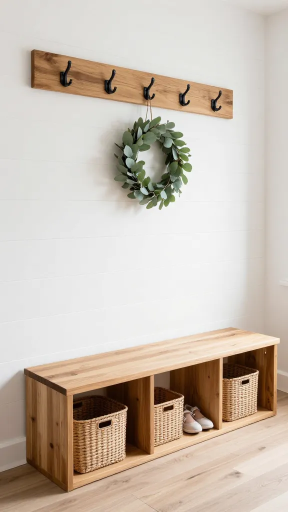 A beautifully styled, brightly lit modern farmhouse foyer, captured in a high-quality, realistic photograph. The background features crisp white shiplap-inspired walls. Dominating the scene is a long, low, natural-toned wooden bench, designed with open cubby storage underneath, reflecting a clean, functional IKEA-esque aesthetic. Inside the cubbies, neatly arranged woven storage baskets and a pair of family-friendly shoes are visible. Mounted above the bench is a rustic, light-stained wooden plank adorned with classic matte black metal coat hooks. A simple, elegant green eucalyptus wreath hangs from one of the hooks, adding a touch of natural charm. The flooring is light wide-plank wood. Soft, natural light illuminates the space, creating a warm and inviting atmosphere with sharp details and rich textures.