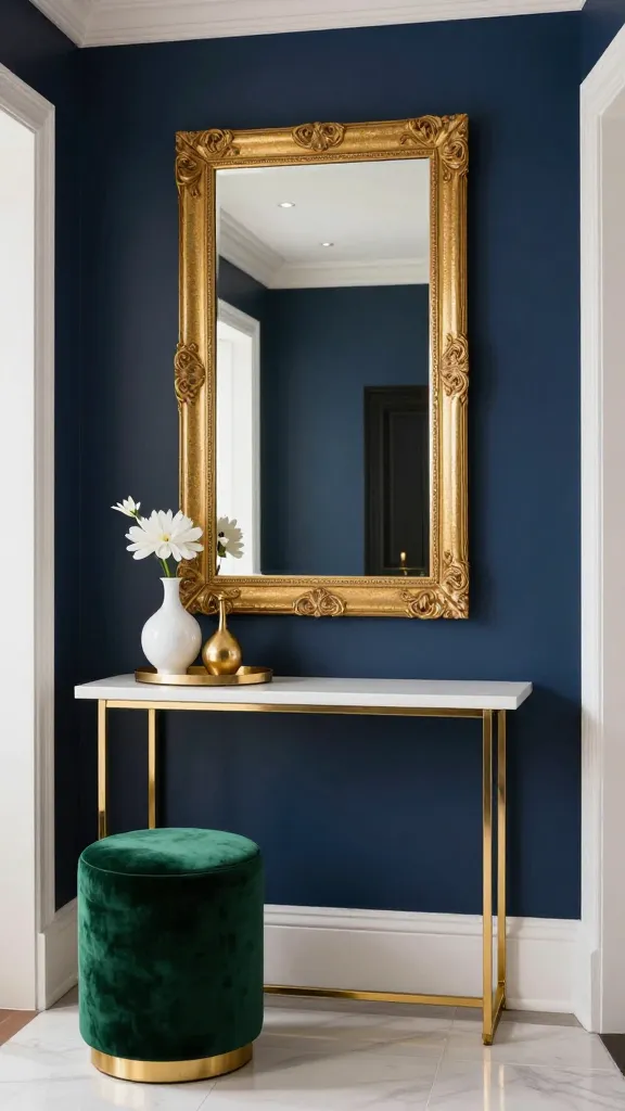 A high-resolution, realistic photo of a luxurious and sophisticated entryway. The focal point is a slim, modern console table featuring elegant gold legs and a crisp white tabletop. Centered above the console hangs a large, ornate mirror with a shimmering gold frame, reflecting the opulent space. To one side of the console, a small, round velvet ottoman in a rich emerald green adds a plush, jewel-toned accent. The walls are painted in a deep navy blue, creating a dramatic backdrop that contrasts beautifully with crisp white elements and abundant shimmering gold accents found throughout the decor. On the console, a minimalist gold tray holds a delicate white ceramic vase with a single, elegant white bloom and a small, sleek gold-toned decorative object. The space is impeccably organized, exuding an air of understated grandeur with soft, warm ambient lighting that highlights the reflective surfaces and metallic sheen. The overall aesthetic is chic, inviting, and feels effortlessly well-appointed.