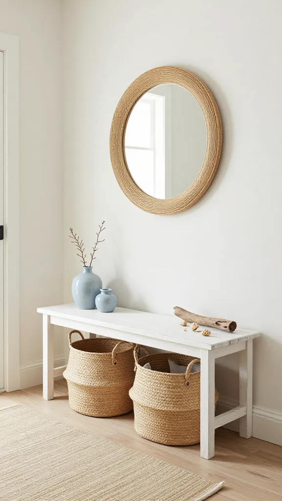 High-quality, realistic photo of a serene Ikea-inspired entryway designed as a Coastal Calm Retreat. The bright space feels breezy and light, showcasing a distressed white wooden bench, characteristic of Ikea's minimalist yet functional design. Beneath the bench, two large, natural woven storage baskets are neatly arranged, hinting at storage for beach towels or sandals. Above the bench, a prominent round mirror with a thick, natural fiber frame (like rattan or jute) reflects the soft light. The walls are painted in a creamy off-white, complemented by sandy beige accents in a textured rug on light wood flooring. Subtle touches of soft blue appear in a decorative ceramic vase holding a single dried sprig, and perhaps a small cushion on the bench. Natural elements like a piece of artfully placed driftwood or a few scattered seashells adorn a small shelf or the bench itself, enhancing the beach-house atmosphere. The overall aesthetic is effortlessly organized and tranquil. No text on image.