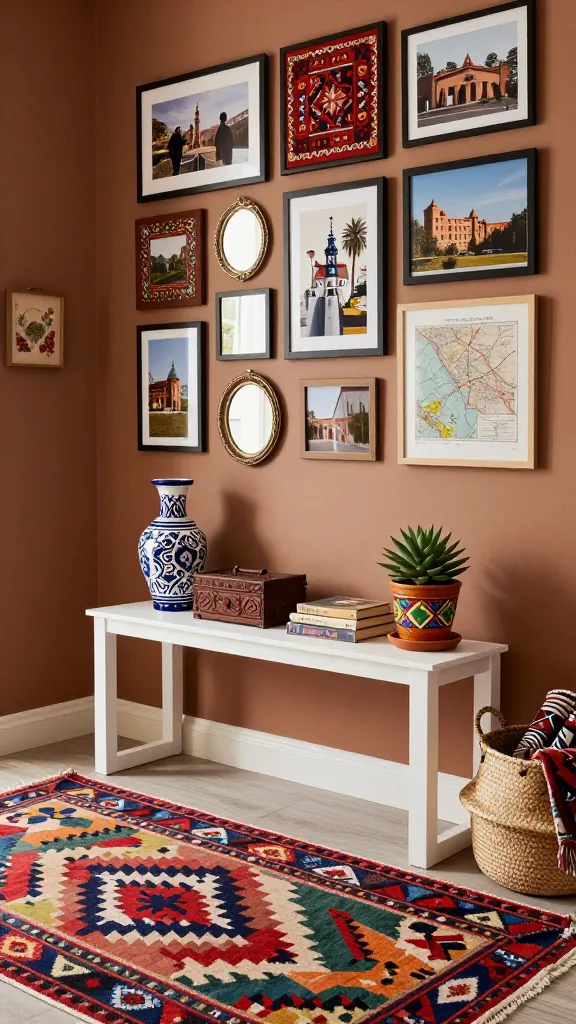 A high-quality, realistic interior photograph of a vibrant and thoughtfully curated eclectic global traveler entryway. The focal point is a simple, modern white IKEA console table (like a LACK or LERHAMN style) positioned against a warm, earthy-toned wall. A richly patterned, colorful kilim runner with geometric and tribal motifs covers the floor, extending into the frame. Above the console, an expansive gallery wall is meticulously arranged, featuring an array of framed travel photography, intricate ethnic textile art, vintage maps, and small, ornate mirrors of varying shapes, creating a dynamic visual narrative. On the console table, a collection of unique global souvenirs is artfully displayed: a hand-painted ceramic vase from Morocco, a carved wooden box from India, a stack of vintage travel guides, and a potted succulent in a vibrant, patterned planter. Nearby, a woven straw basket holds a rolled-up patterned blanket. The space feels rich with diverse textures and bold colors, from the geometric patterns of the rug to the floral accents in some framed art, all contributing to a curated, adventurous spirit. Soft, inviting natural light illuminates the scene, enhancing the textures and colors. No text.