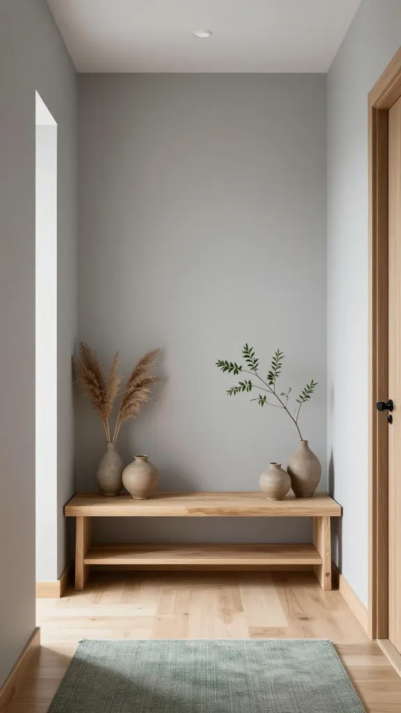 A high-quality, realistic photo of a serene Japandi-style entryway, bathed in soft, diffused natural light. The focal point is a low-profile, light-toned wooden bench with clean, minimalist lines that subtly integrates hidden storage. The walls are painted in a soft, muted grey, providing a tranquil backdrop. On or beside the bench, a few carefully chosen ceramic vases in earthy tones display delicate dried pampas grass and a single slender, architectural green branch. The flooring is a light, natural wood, complemented by a small, textured rug in a muted green or soft grey hue. The space exudes calm order, emphasizing natural materials, functional design, and thoughtful placement, creating an effortlessly organized and inviting atmosphere. No text.