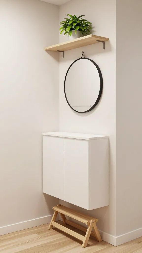 A high-quality, realistic photo of an ultra-compact, seamlessly organized entryway in a tiny apartment. The walls are a very light, neutral off-white, and the floor is light natural wood. Dominating the space is a slim, wall-mounted, matte white shoe cabinet, barely protruding from the wall. Above it hangs a minimalist round mirror featuring a thin black frame and discreet integrated hooks for a light jacket, with a tiny, barely visible shelf below for keys. A sleek, collapsible light wood stool is neatly stowed against the wall beside the shoe cabinet. A single, narrow floating shelf high on the wall displays a small, vibrant green potted plant. The space feels bright, airy, and meticulously functional, emphasizing verticality and clean lines. Soft, natural daylight illuminates the scene, highlighting the thoughtful design. No clutter is visible. No text.