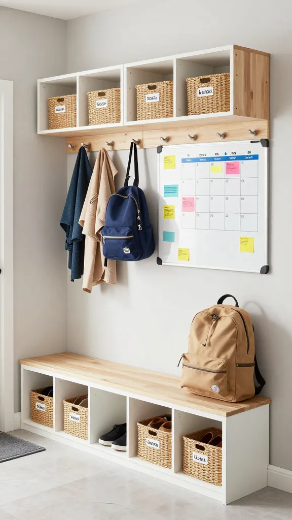 A high-quality, realistic photograph of a modern, highly organized family entryway command center, designed with a clear Ikea aesthetic. The space features modular light wood and white storage units, including individual open cubbies and shelves with clearly labeled woven baskets for each family member's shoes and bags. Above a sleek, wall-mounted coat rack with multiple hooks, holding a few varied coats and backpacks, a large, prominent whiteboard is mounted, displaying colorful notes, a family schedule, and reminders. A small, functional bench with integrated storage sits below the cubbies, providing a spot to sit. The flooring is a durable, light-colored material, possibly with a small, easy-to-clean mat. The overall atmosphere is bright, functional, and welcoming, illuminated by natural daylight. Shot from a slightly wide angle, showcasing the entire organized system. No text on images.