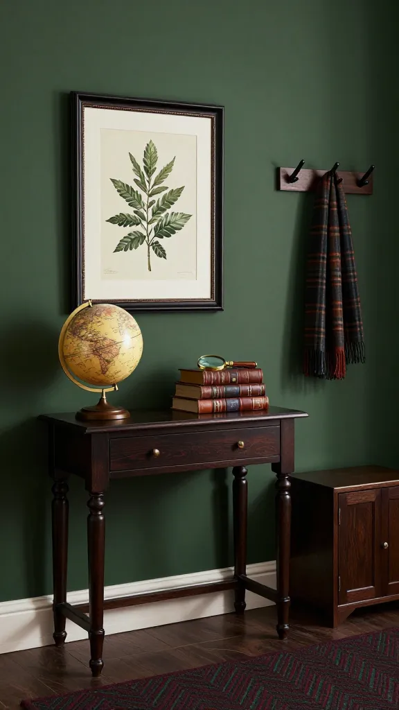 A high-quality, realistic photograph of a dark academia-inspired entryway. A sleek, dark stained wood console table with a discreet drawer is positioned against a wall painted in a deep forest green. On the console, a vintage-style globe sits beside a stack of classic, leather-bound books and a small, antique brass magnifying glass. Above the console, a large, dark-framed botanical print hangs prominently. To one side, a minimalist dark wood wall-mounted coat rack holds a classic wool plaid scarf. The flooring is dark wood, partially covered by a subtle, deep burgundy and forest green herringbone pattern rug. A discreet, dark wood shoe cabinet is integrated beneath the coat rack, demonstrating effortless organization. The lighting is soft and warm, casting gentle shadows that enhance the cozy, sophisticated atmosphere. No text.